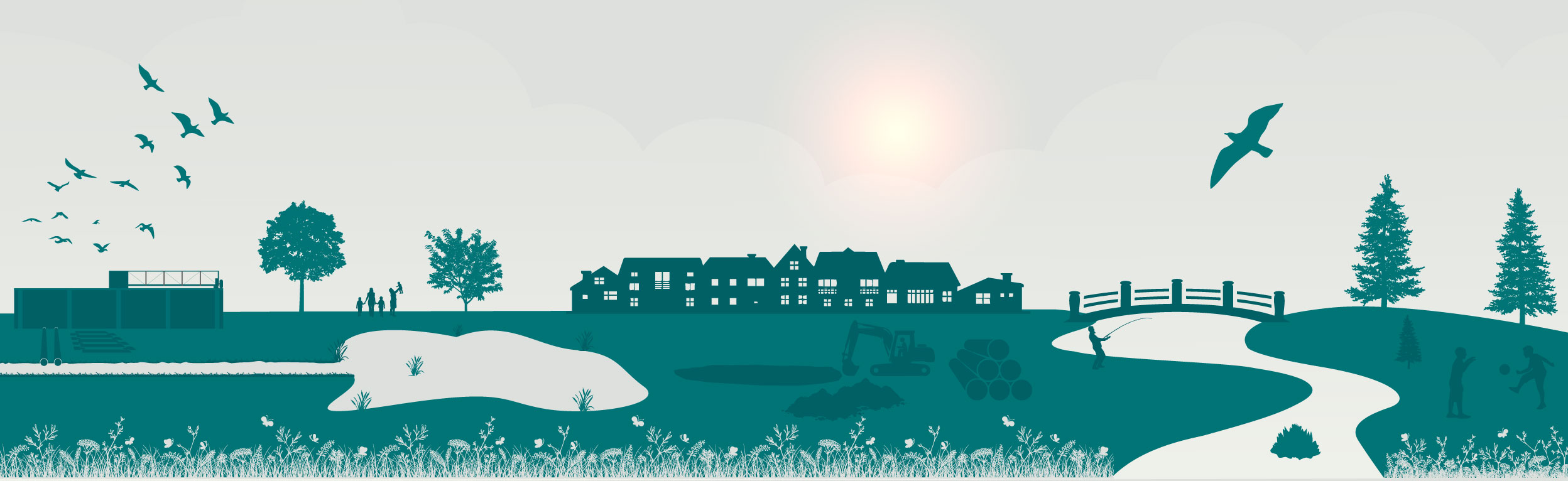 Grønt grafik af regnvandsbassin og renseanlæg